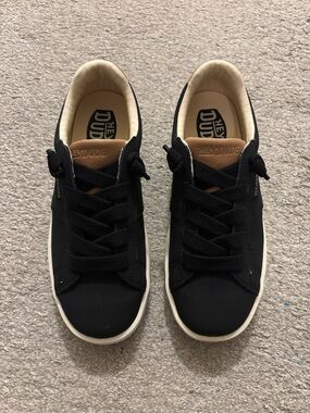 Women’s Size 7 Hey Dude Black Slide On Sneakers with Tan Tongue